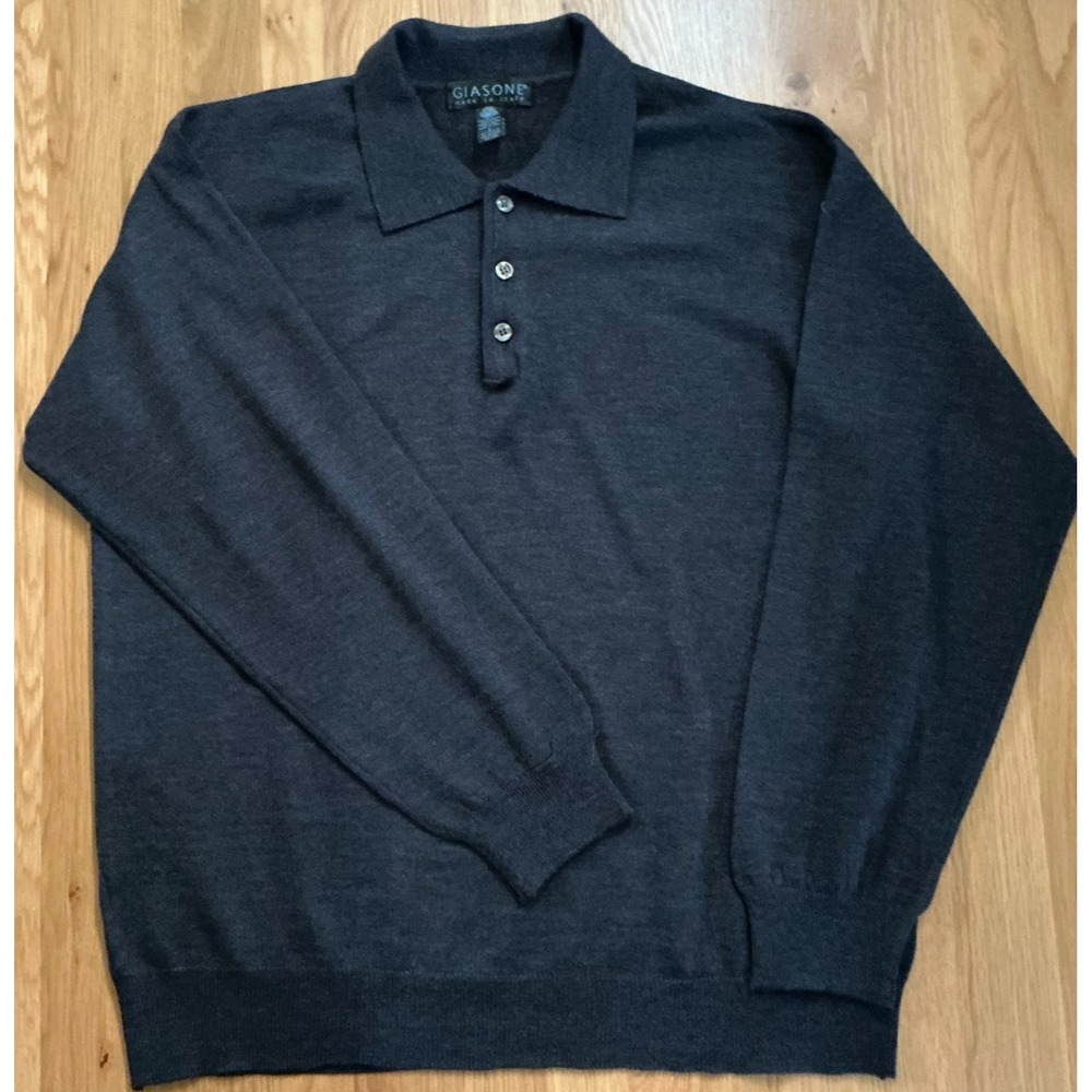 Giasone Merino Wool Sweater Men's L Gray 1/4 Button Made in Italy